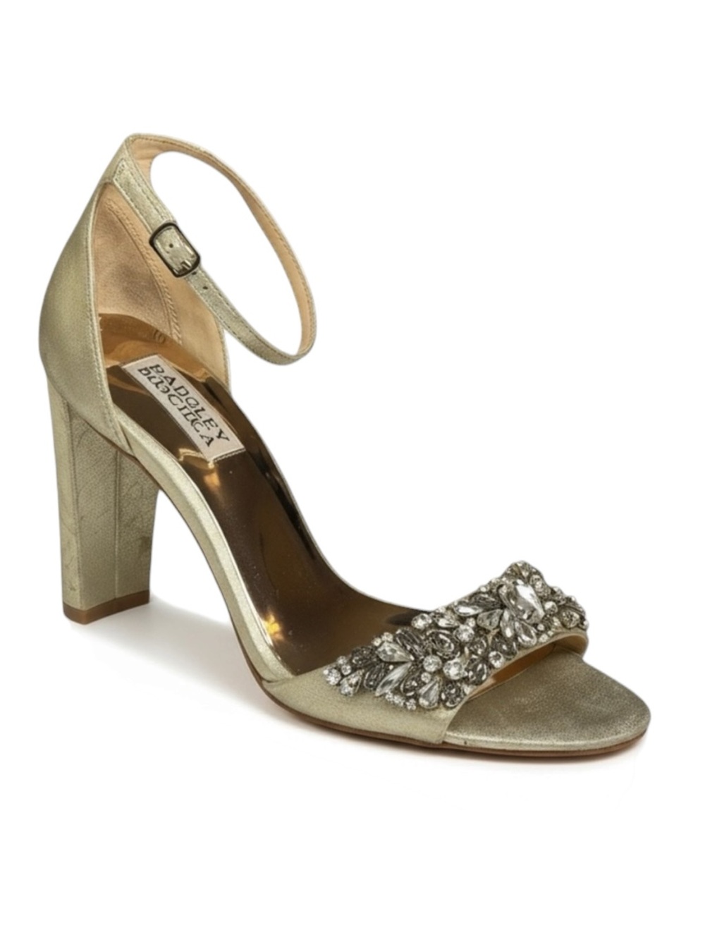 Badgley Mischka ❧ Barby Crystallized Heeled Sandals ❧ Gold Shimmery Leather ❧ 8M - Picture 2 of 16